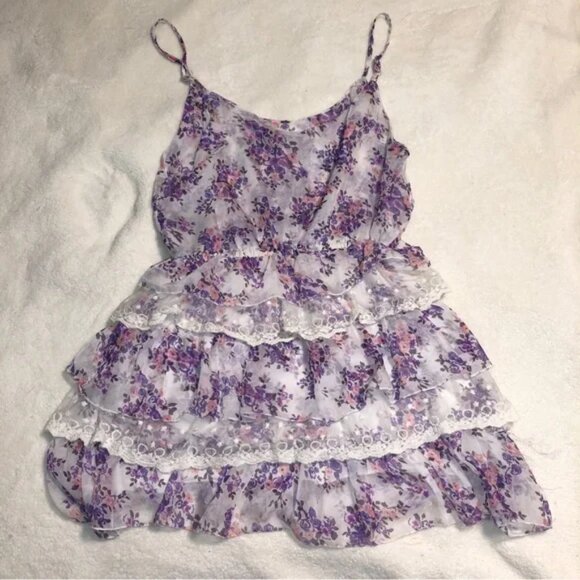 Paradis Miss Purple Floral Mini Dress Lace Adjustable Spaghetti Straps Large - Picture 4 of 4